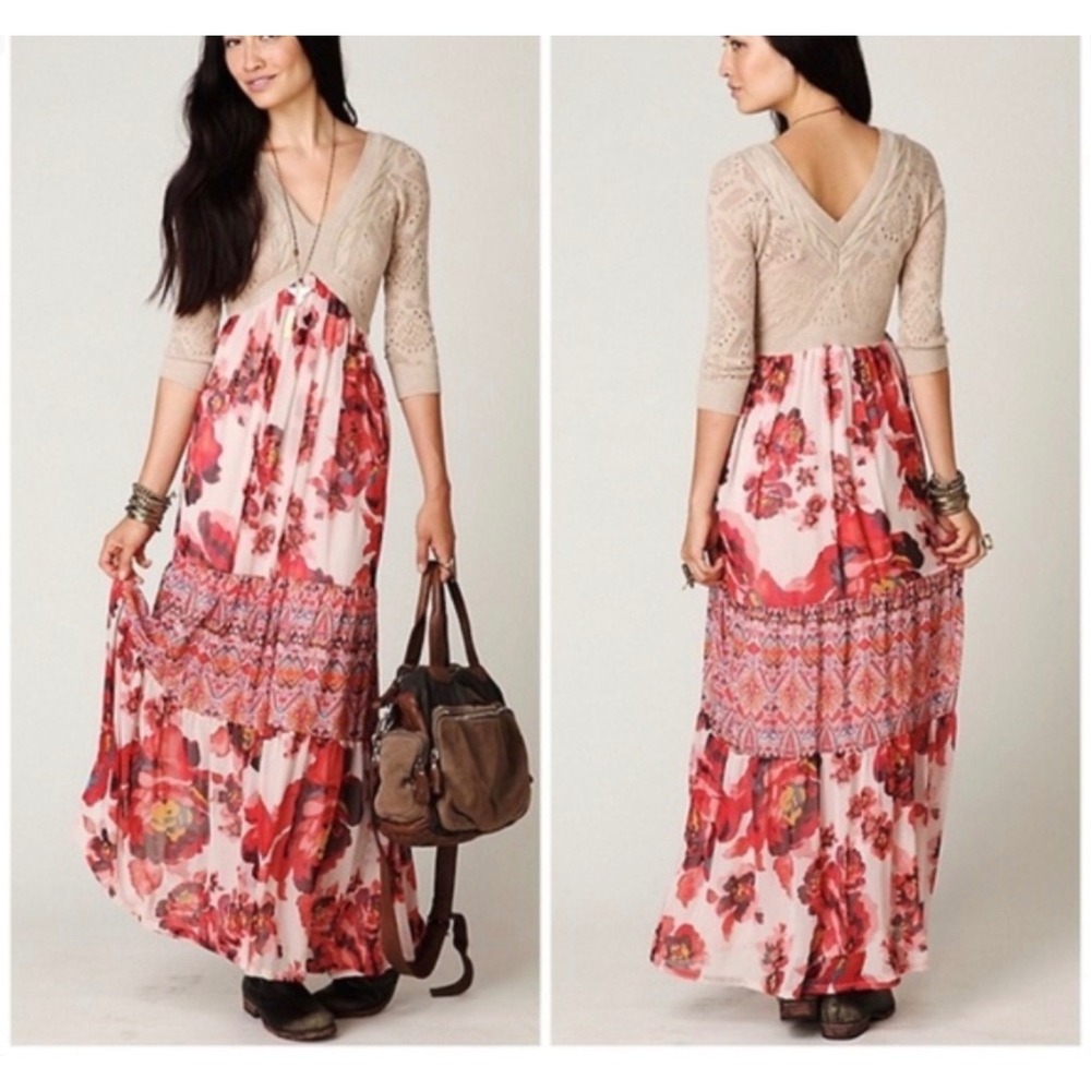 Free People Mixed Media Maxi Dress Floral Chiffon Pointelle Knit XS Cream Red